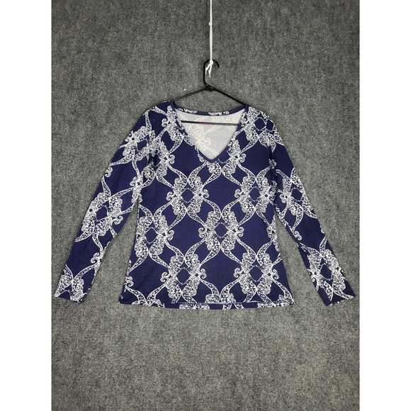 Lilly Pulitzer Jodie Long Sleeve Top V-Neck Patterned‎ Navy White Blouse Large - Picture 1 of 8